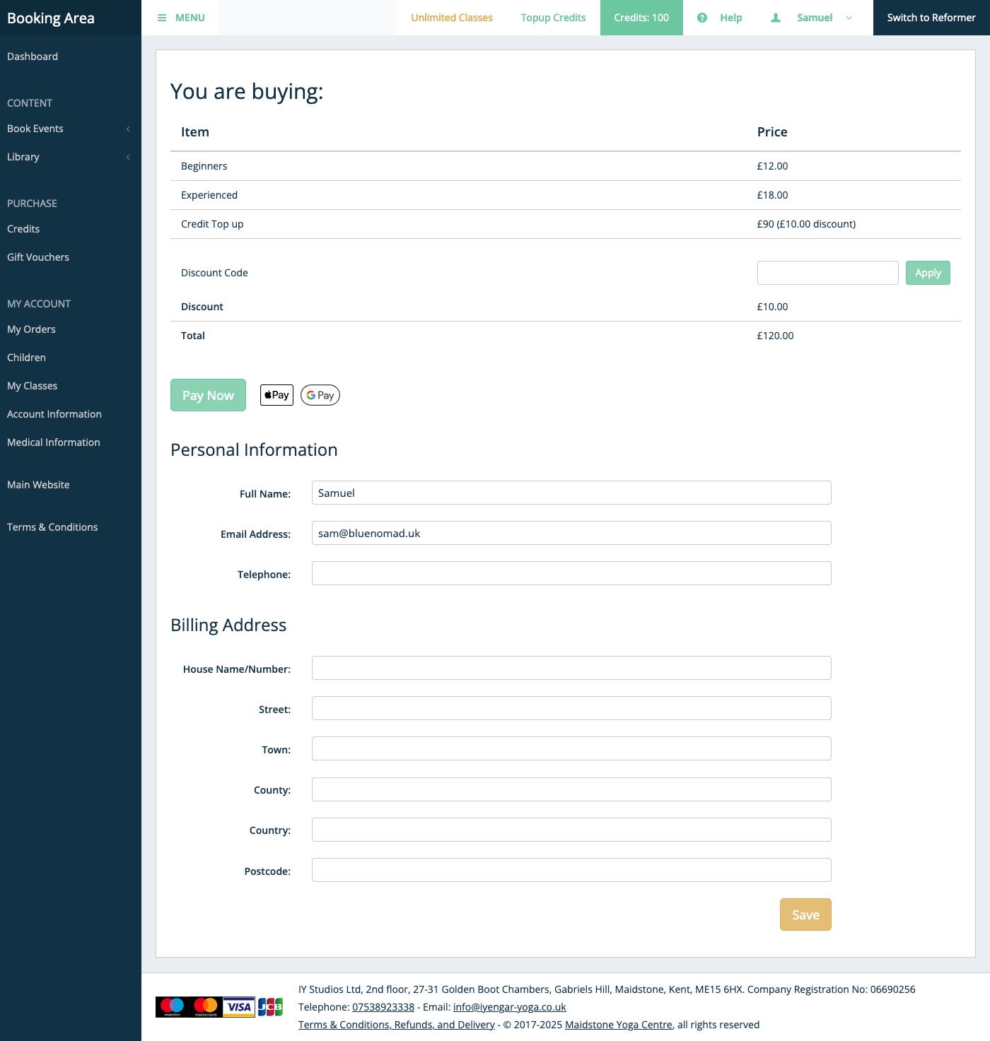 The Booking Area checkout page