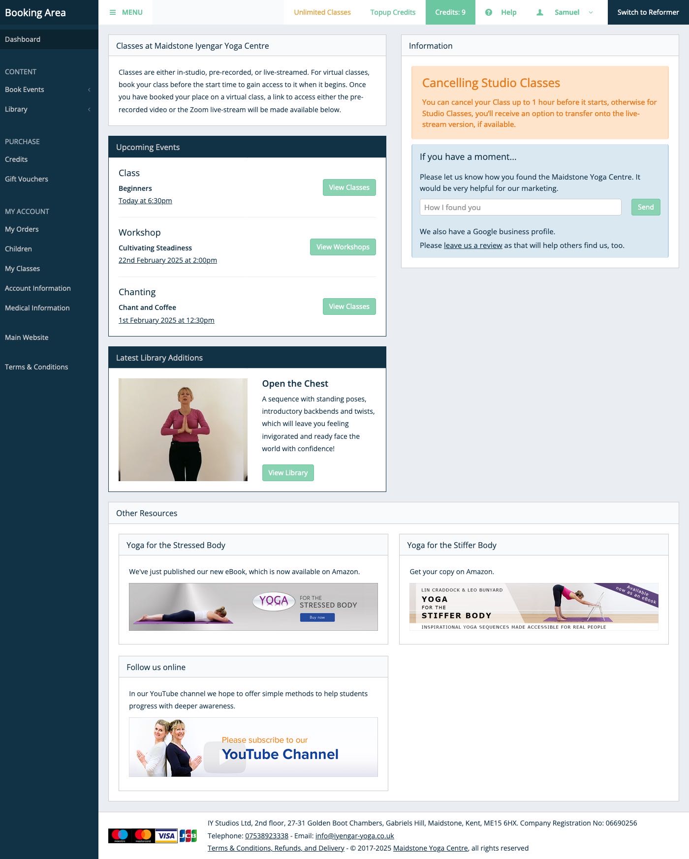 The Booking Area dashboard page