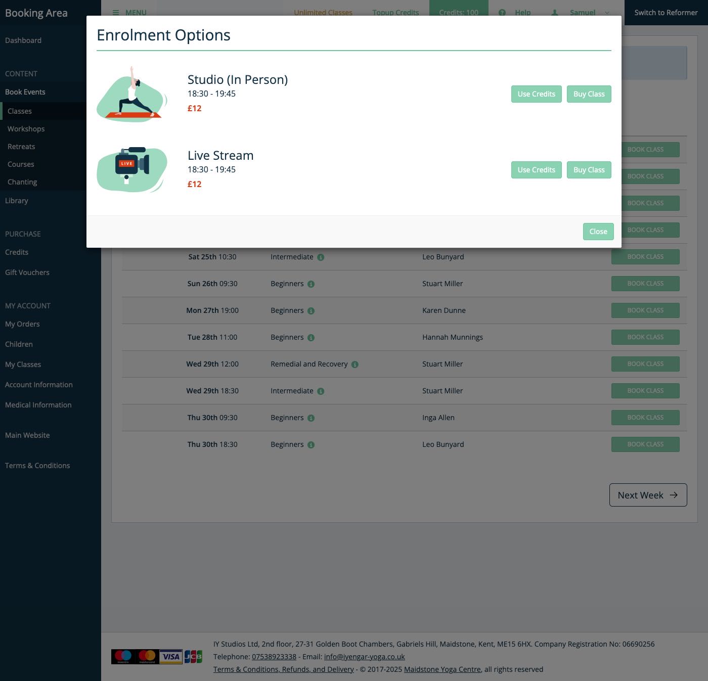 The Booking Area class enrolment page