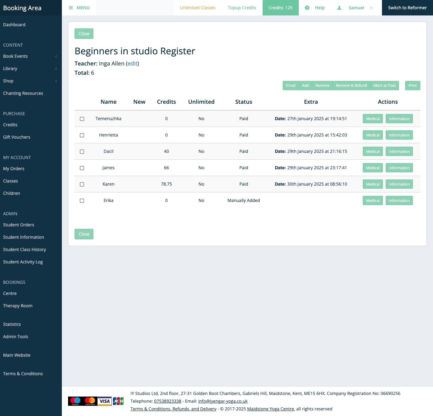 The Booking Area class register page