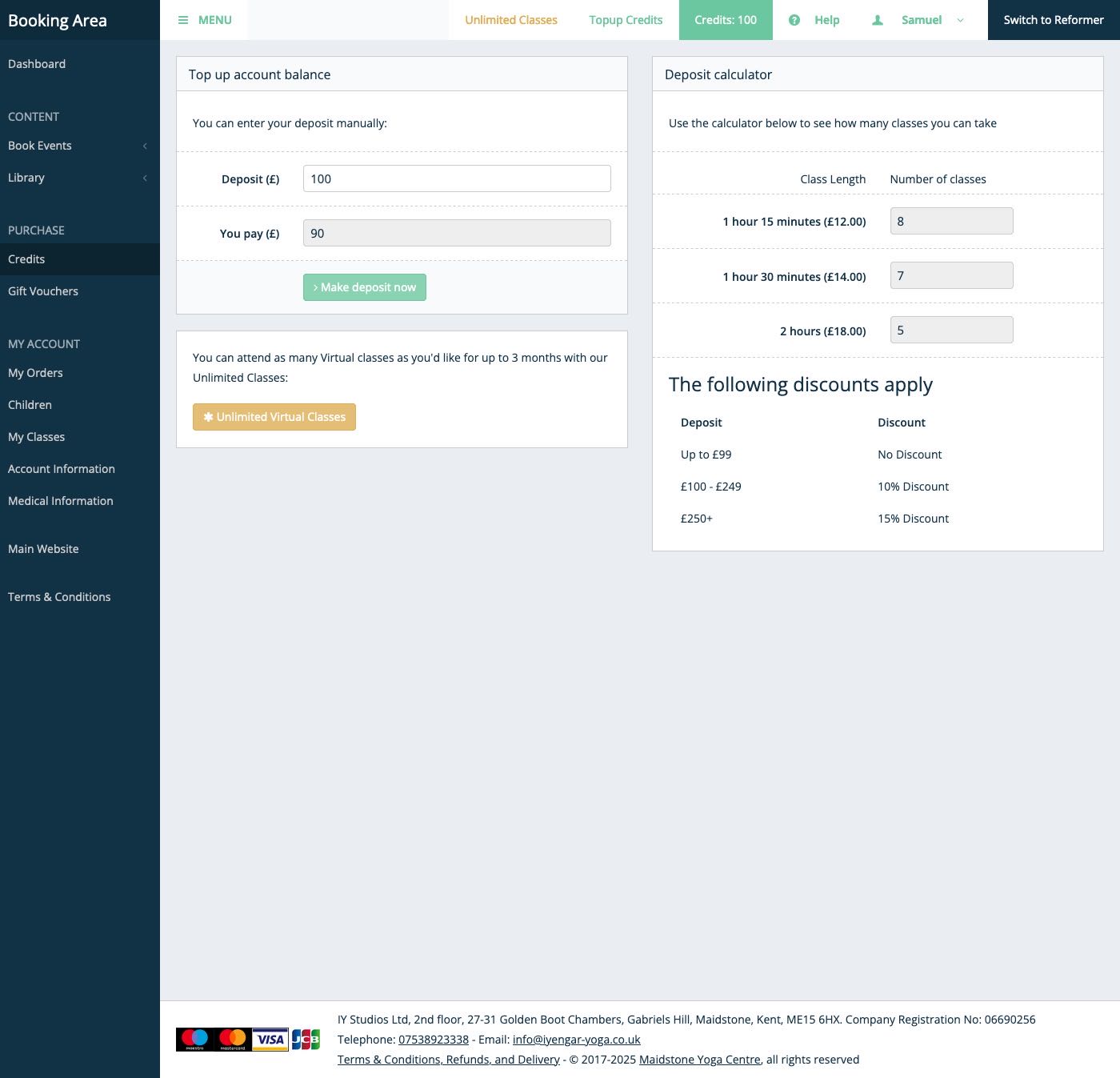 The Booking Area credit top-up page